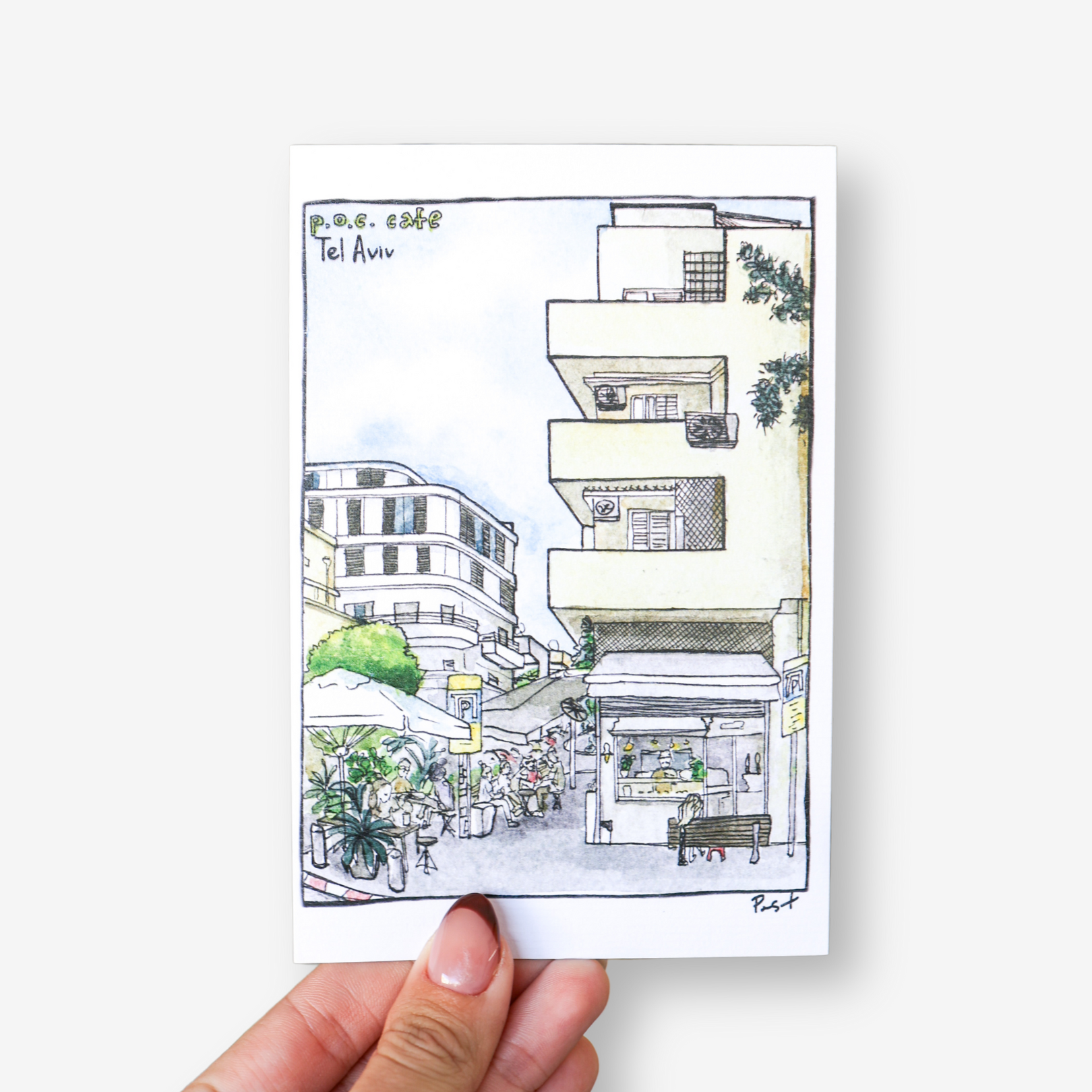 Set of five illustrated Tel Aviv postcards featuring Bauhaus buildings, beaches, and colorful streets by artist PAST