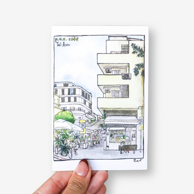 Set of five illustrated Tel Aviv postcards featuring Bauhaus buildings, beaches, and colorful streets by artist PAST
