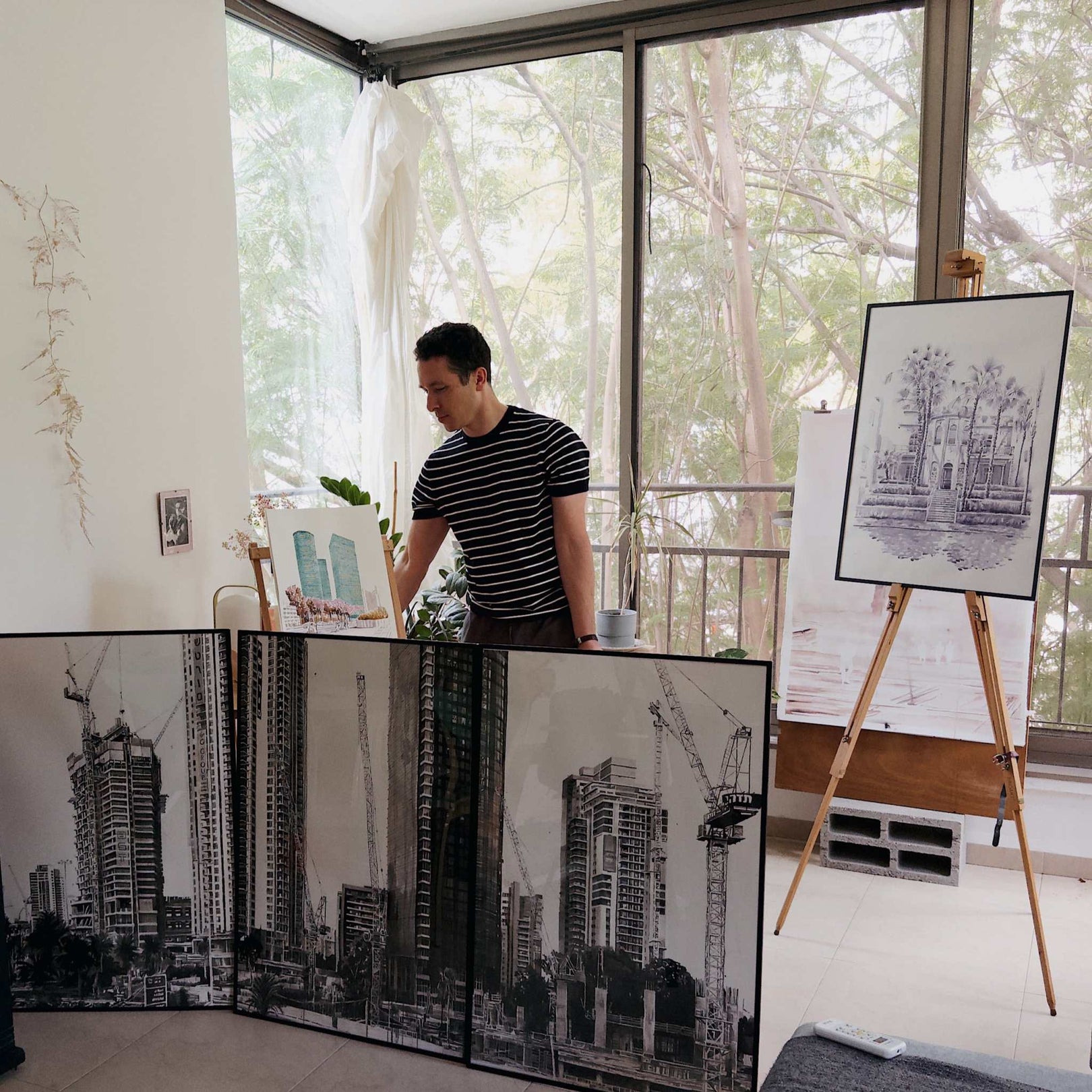 Framed Tel Aviv print of Rothschild Boulevard with modern towers and leafy trees by Vitsky