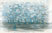 Abstract blue and grey painting of the Kotel with gold accents and figures in prayer by Penina Schleider