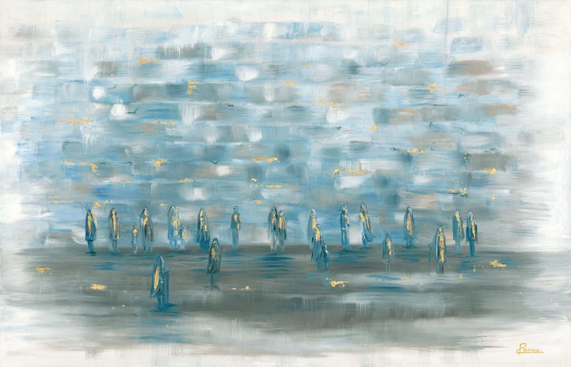 Abstract blue and grey painting of the Kotel with gold accents and figures in prayer by Penina Schleider
