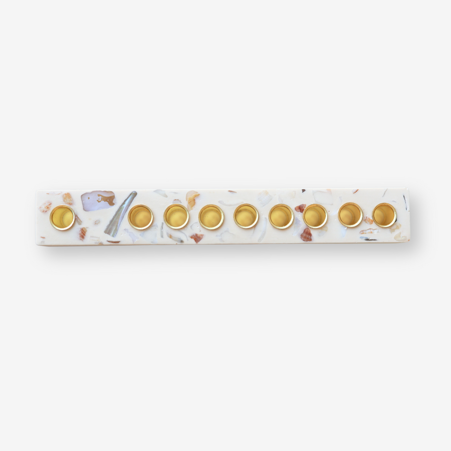Israeli Seashell Chanukah Menorah handcrafted with real seashells and eco-friendly Jesmonite in white