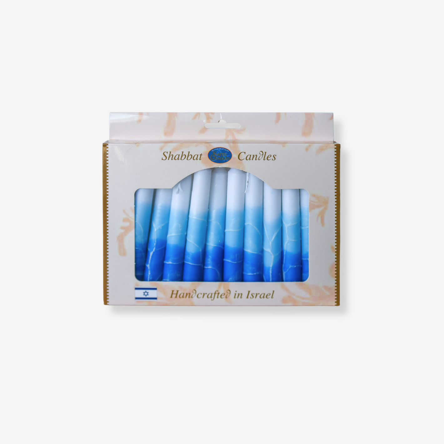 Handcrafted dripless Shabbat candles 12-pack from Safed, Israel, vibrant and artisan-made for a clean, steady flame
