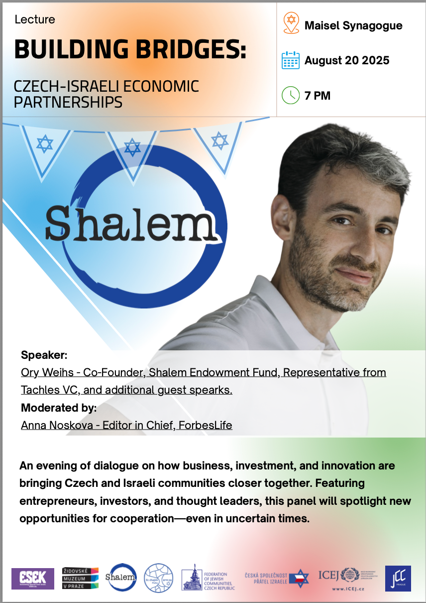 Speaker Ory Weihs promoting Building Bridges Czech-Israeli economic partnerships event on August 20 at Maisel Synagogue.