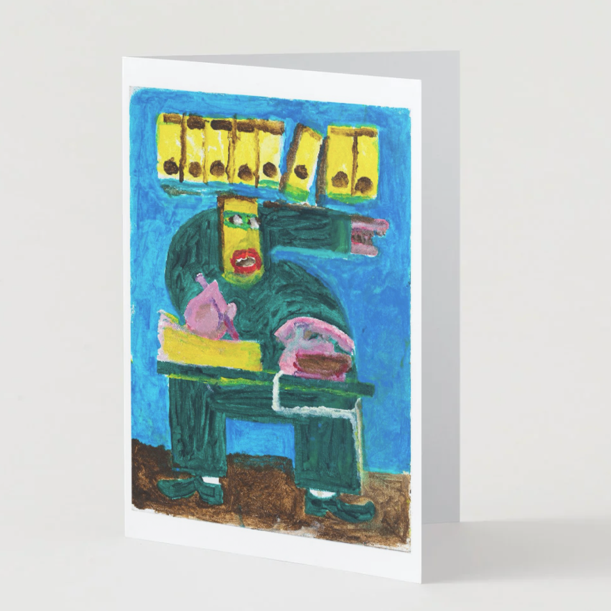Set of greeting cards featuring colorful artwork by Joseph Bau, displayed standing open with abstract figure illustration on the front.