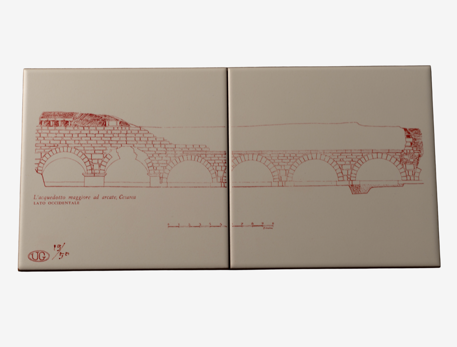 RELIC Cesarea Aqueduct ceramic tile with architectural sketch design by Ehud Gardi