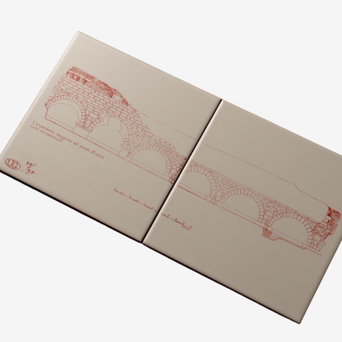 Hand-printed RELIC Cesarea Aqueduct ceramic tiles by Ehud Gardi with historic aqueduct imagery