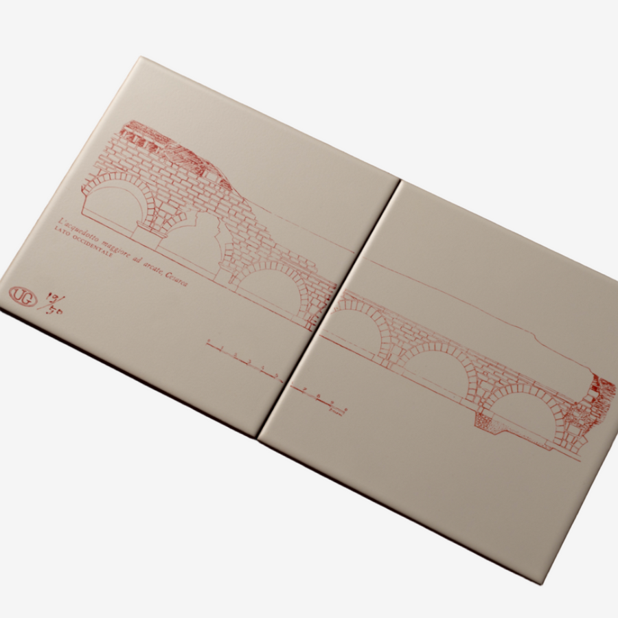 Hand-printed RELIC Cesarea Aqueduct ceramic tiles by Ehud Gardi with historic aqueduct imagery
