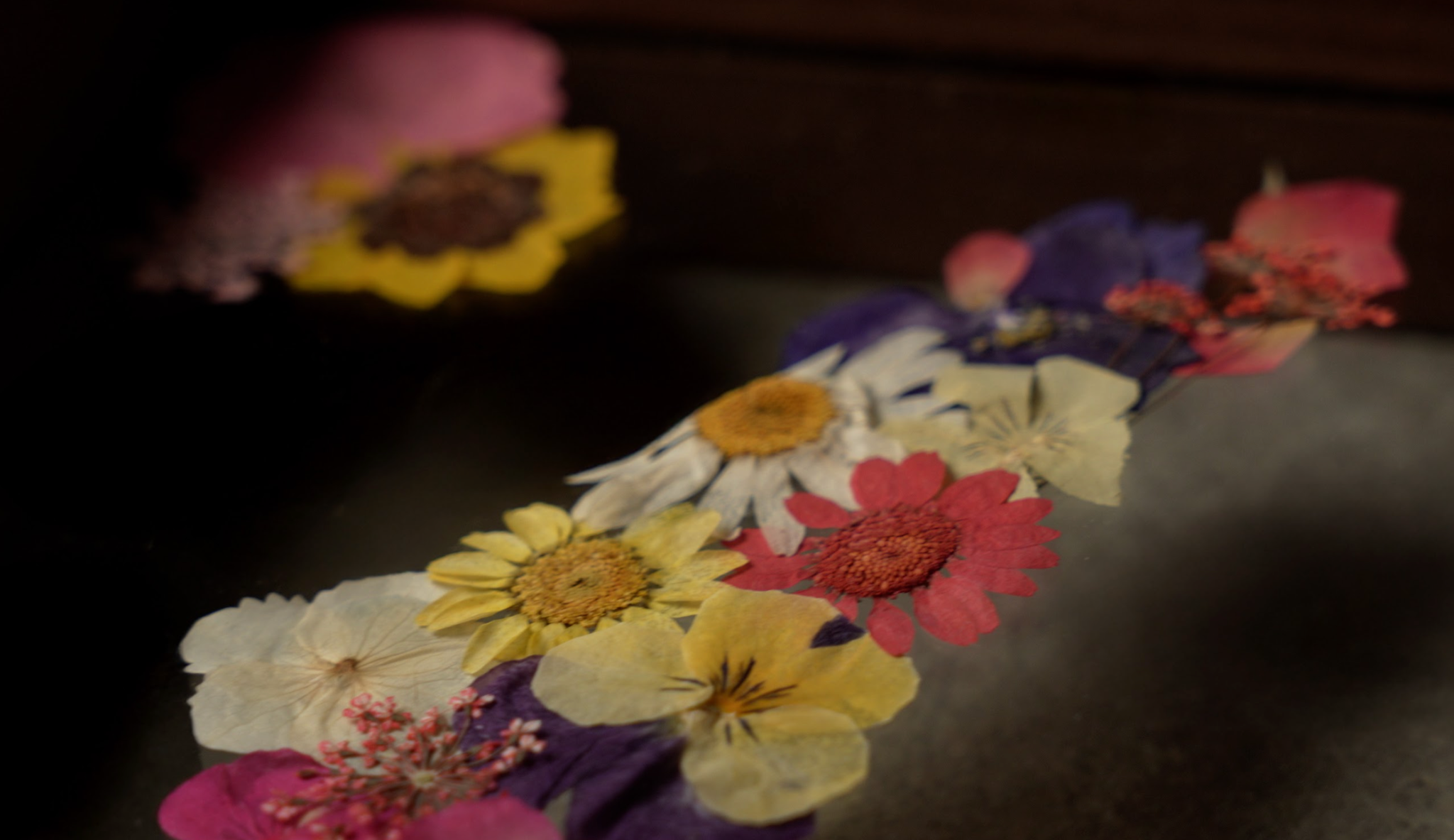 Pressed flowers framed map artwork shaped like Israel with colorful natural flowers under glass.