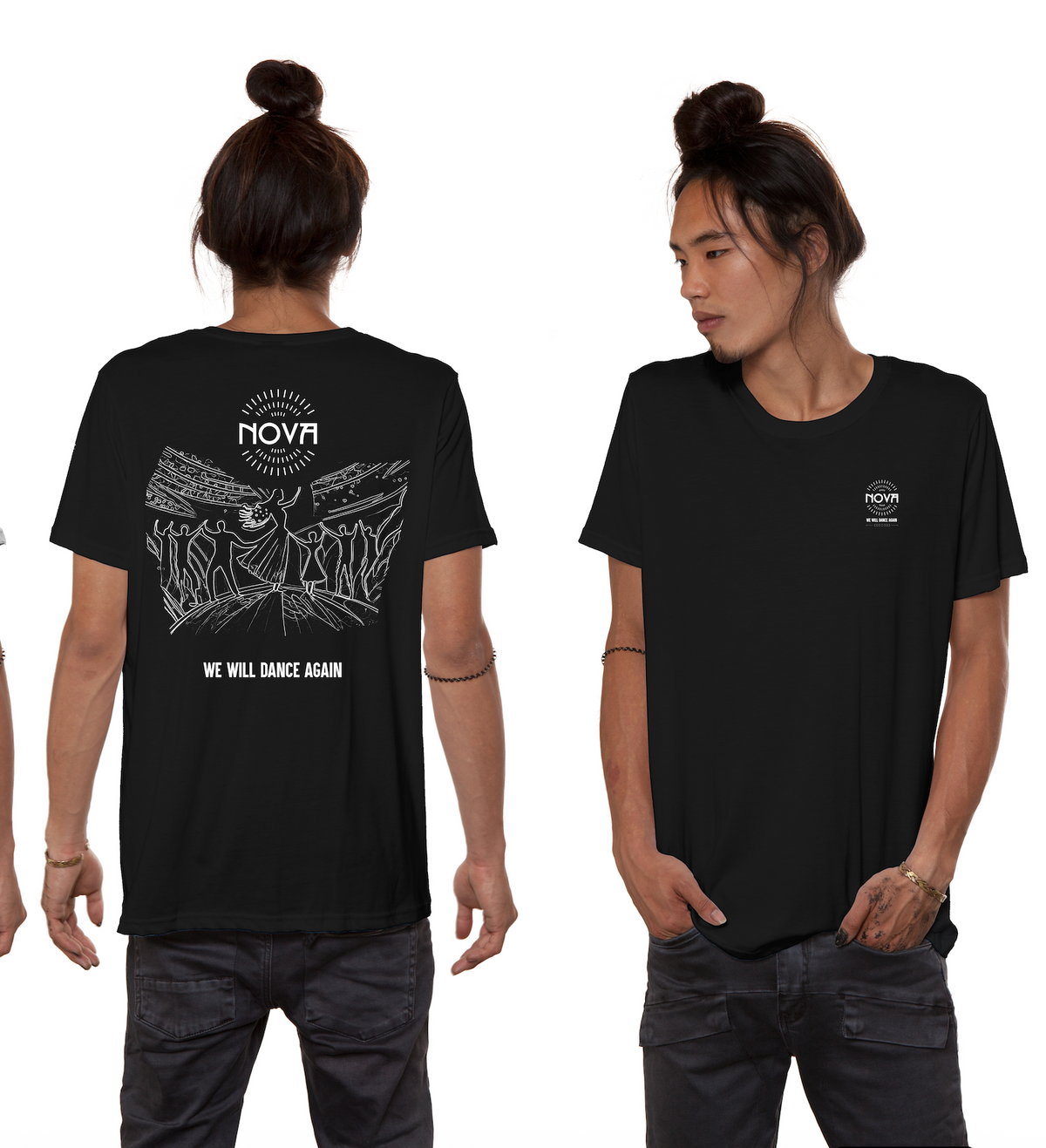 Nova Memorial T-Shirt in black cotton with a small white chest logo and large illustrated back graphic reading “We Will Dance Again.”