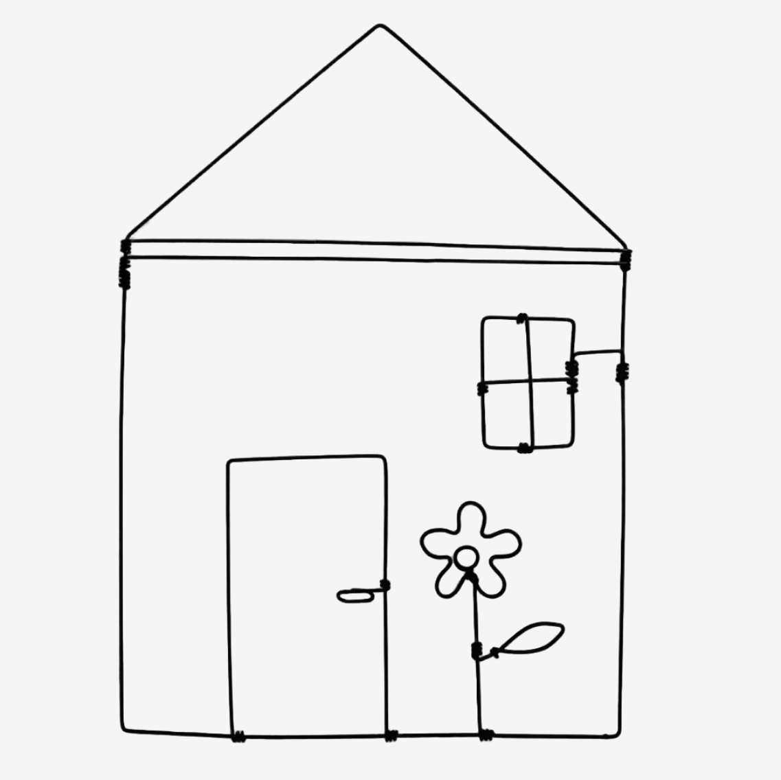 Minimalist black wire art house wall hanging by Koby Sibony with home outline and flower design