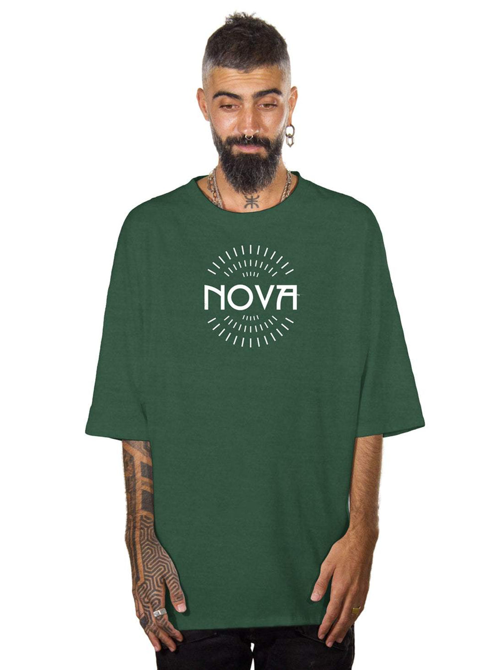 Nova Big Logo T-Shirt in dark green cotton, featuring a large white Nova logo with a radiating line pattern on the chest.