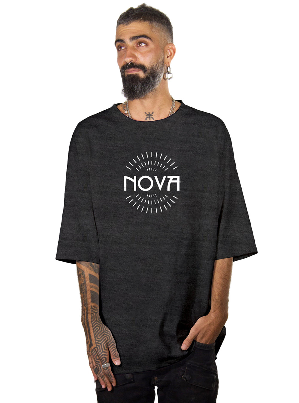 Nova Big Logo T-Shirt in dark charcoal, made of soft-looking fabric with a large white Nova logo and radiating lines on the chest.
