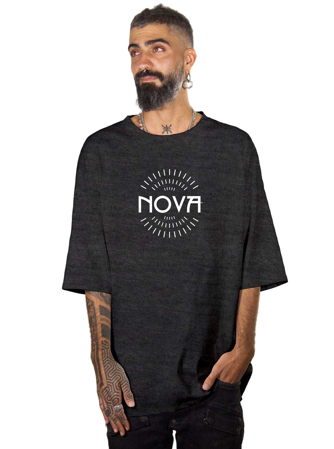 Nova Big Logo T-Shirt in dark charcoal, made of soft-looking fabric with a large white Nova logo and radiating lines on the chest.