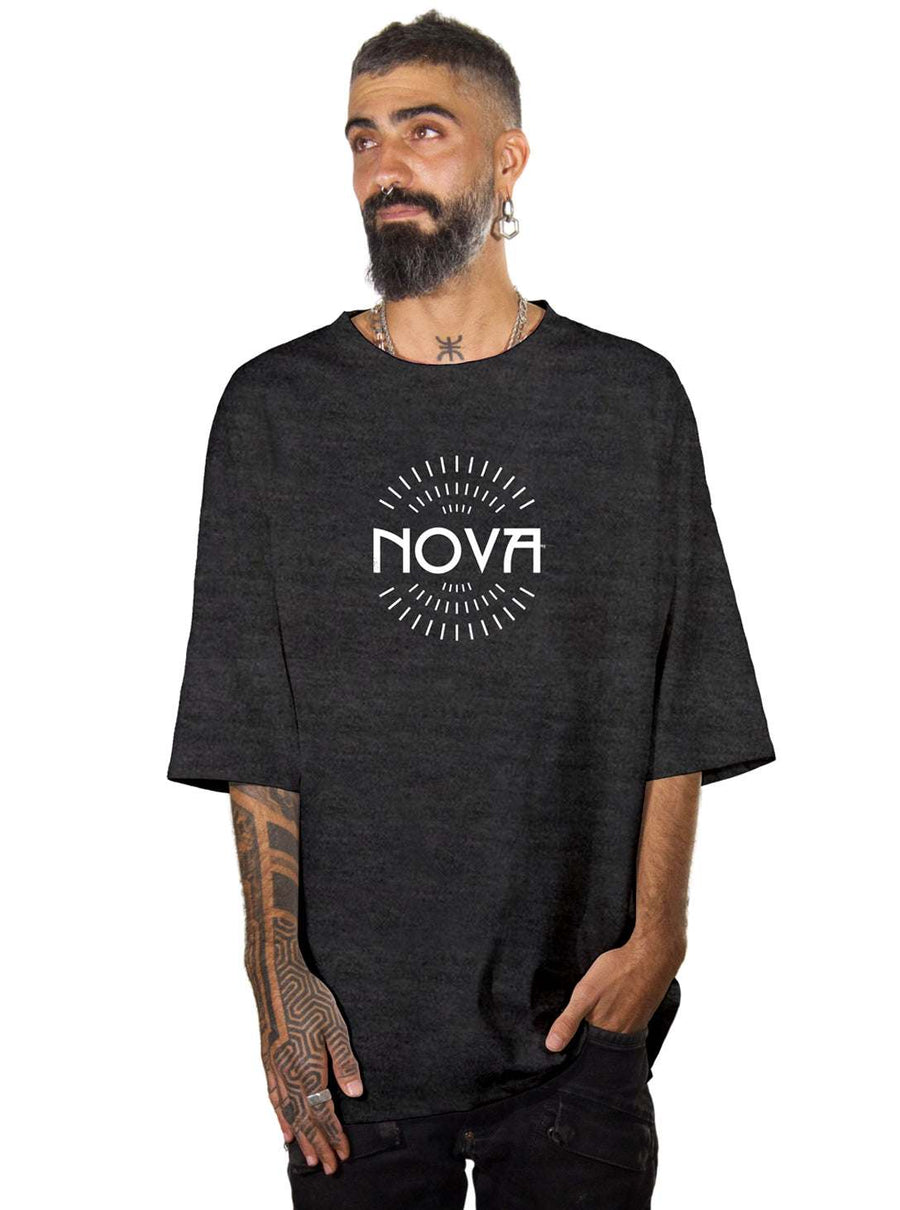 Nova Big Logo T-Shirt in dark charcoal, made of soft-looking fabric with a large white Nova logo and radiating lines on the chest.