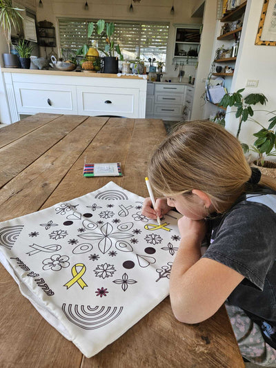 Freedom Pillow Case DIY Kit with mandala design and washable markers for kids art projects