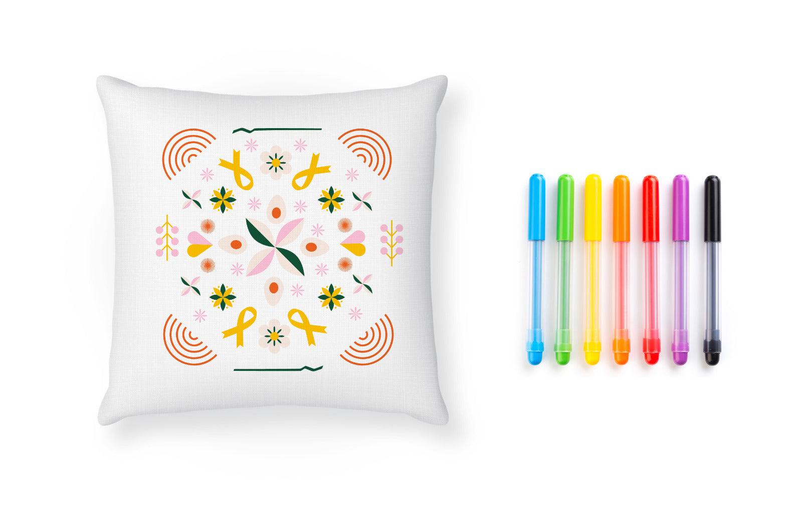 The ESEK Freedom Pillow Case DIY Kit | Hooga features a white pillowcase with vibrant floral and geometric patterns, plus seven washable markers (pink, orange, yellow, green, blue, purple, black)—ideal for kids’ creative projects.