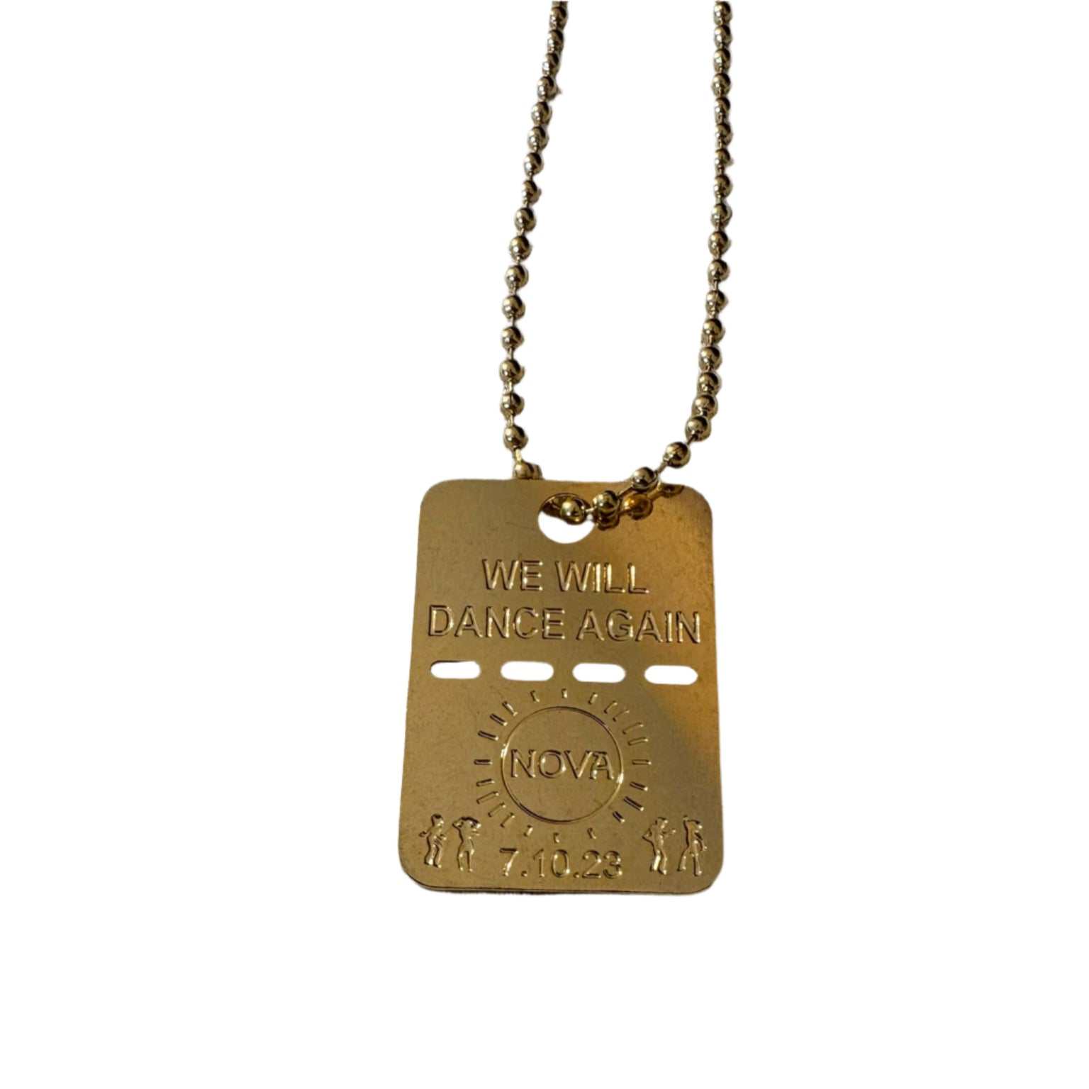 Gold dog tag necklace with "We Will Dance Again" inscription supporting Israel Hostages solidarity and hope