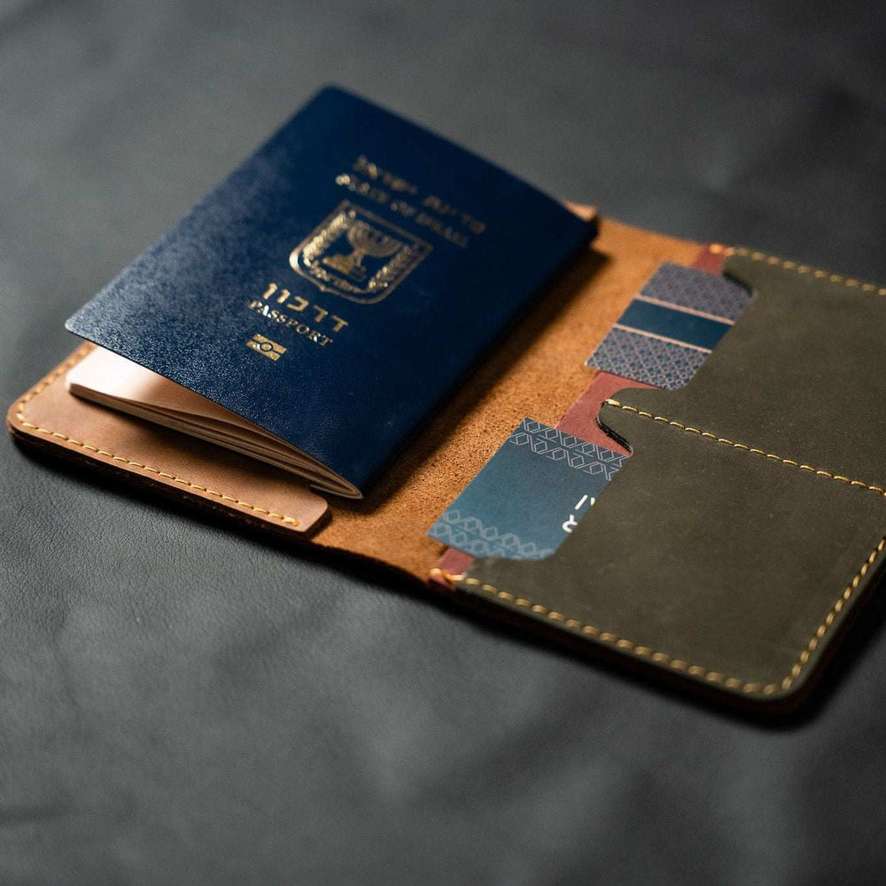 Handmade leather passport cover with passport compartment and card slots by Mor Sinai