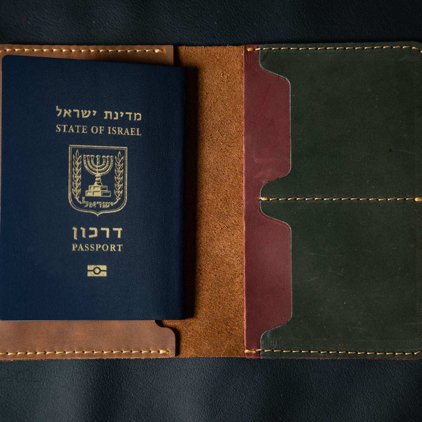 Handmade leather passport cover by Mor Sinai with passport compartment and card slots, slim and travel-ready design