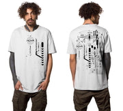 Nova Human Made T-Shirt in white cotton, featuring black geometric graphics on the front and a large technical print on the back.