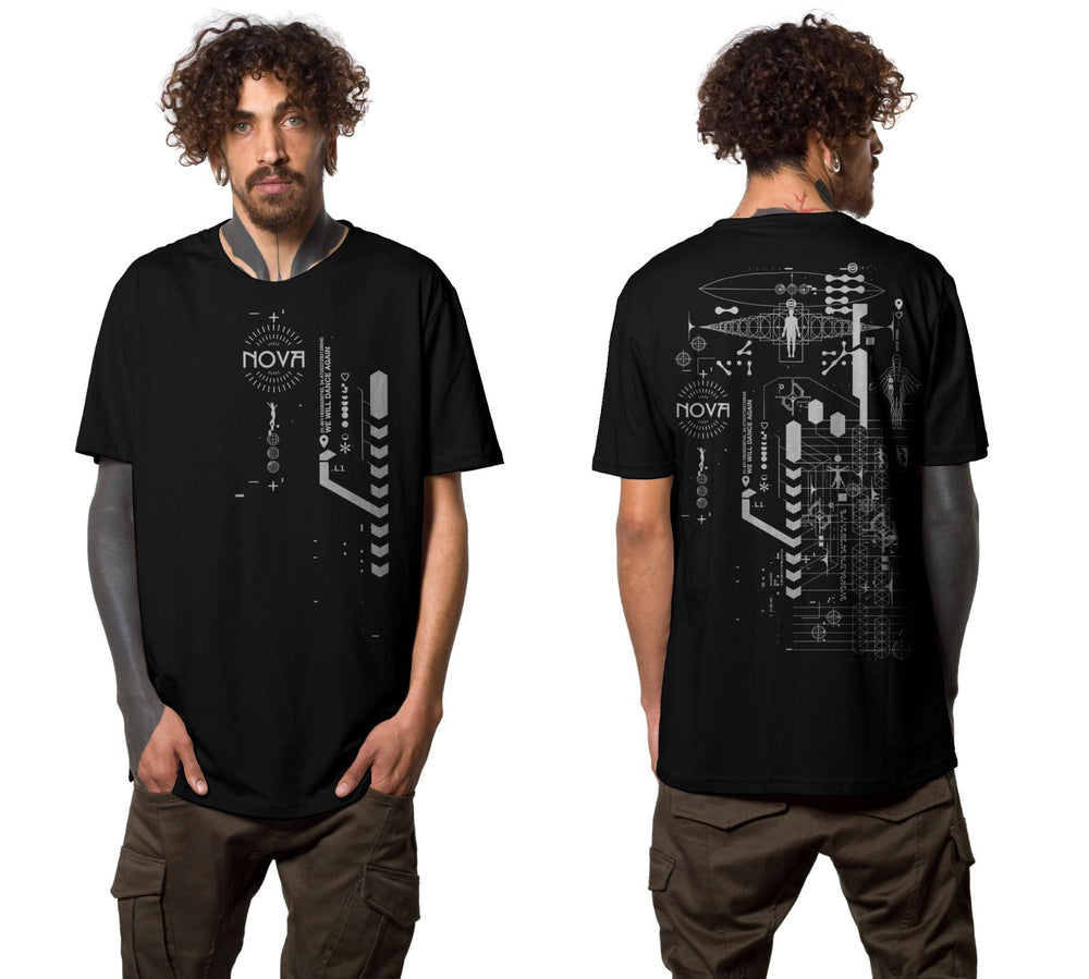 Nova Human Made T-Shirt in black cotton, featuring white geometric graphics and Nova lettering on the front and back.