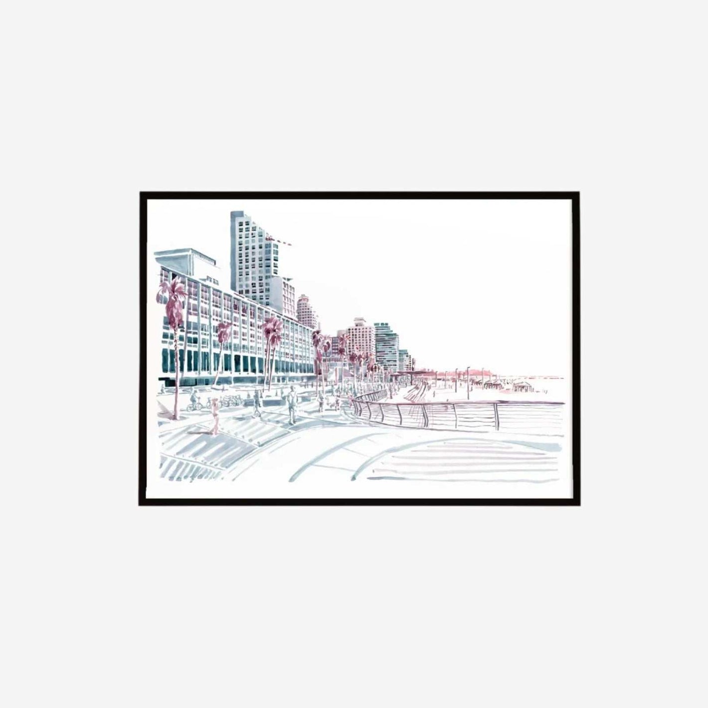 Tel Aviv beachfront boardwalk print with urban and seaside elements by Vitsky