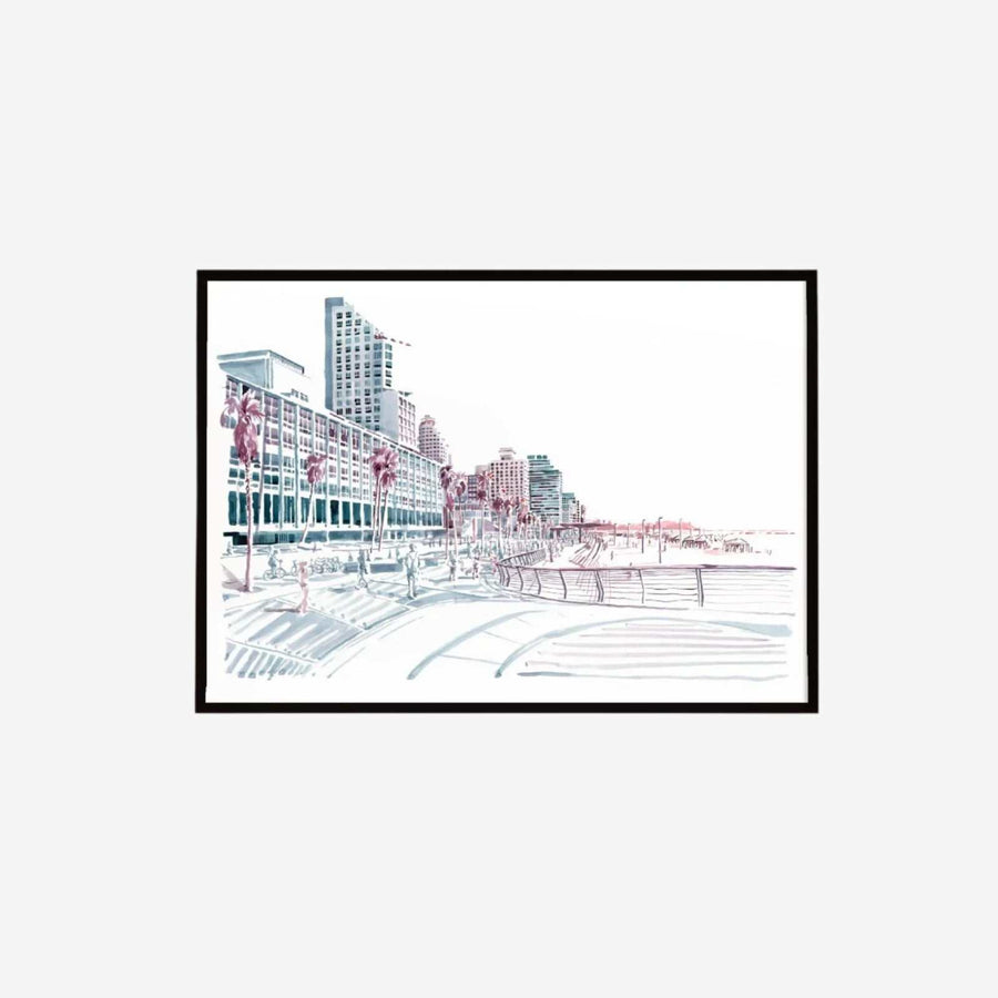 Tel Aviv beachfront boardwalk print with urban and seaside elements by Vitsky