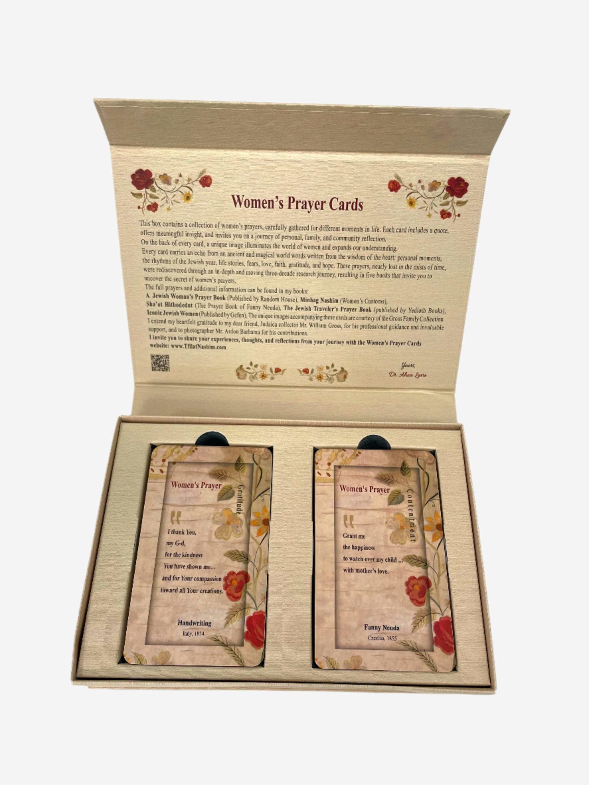 Tefilat Nashim Women's Prayer Cards by Dr. Aliza Lavie, open box displaying cards with floral design.