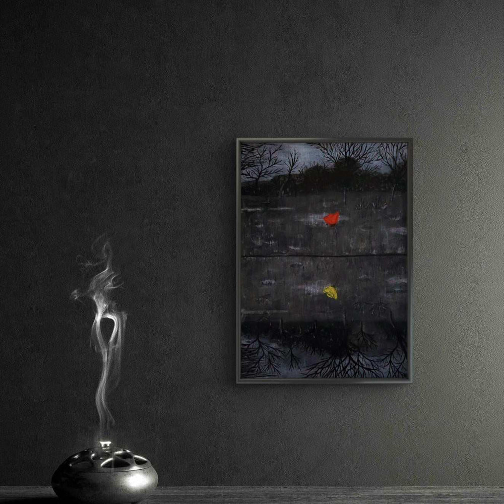 Bring Them Home Print by Maayan Dee featuring red and inverted yellow flowers symbolizing survival and hostages.