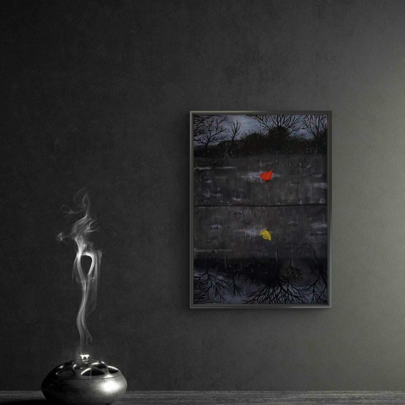 Bring Them Home Print by Maayan Dee featuring red and inverted yellow flowers symbolizing survival and hostages.