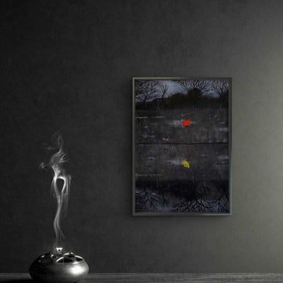 Bring Them Home Print by Maayan Dee featuring red and inverted yellow flowers symbolizing survival and hostages.