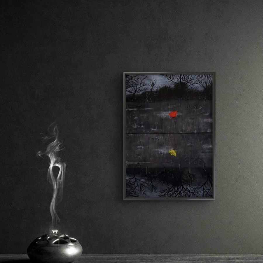 Bring Them Home Print by Maayan Dee featuring red and inverted yellow flowers symbolizing survival and hostages.
