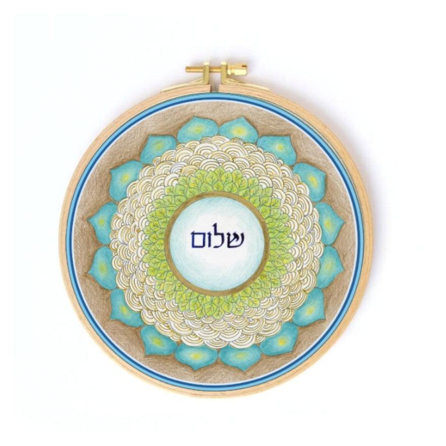 Shalom Round Canvas Wall Art by Noga Shalev featuring Pomegranate Home Blessing design on eco-friendly canvas