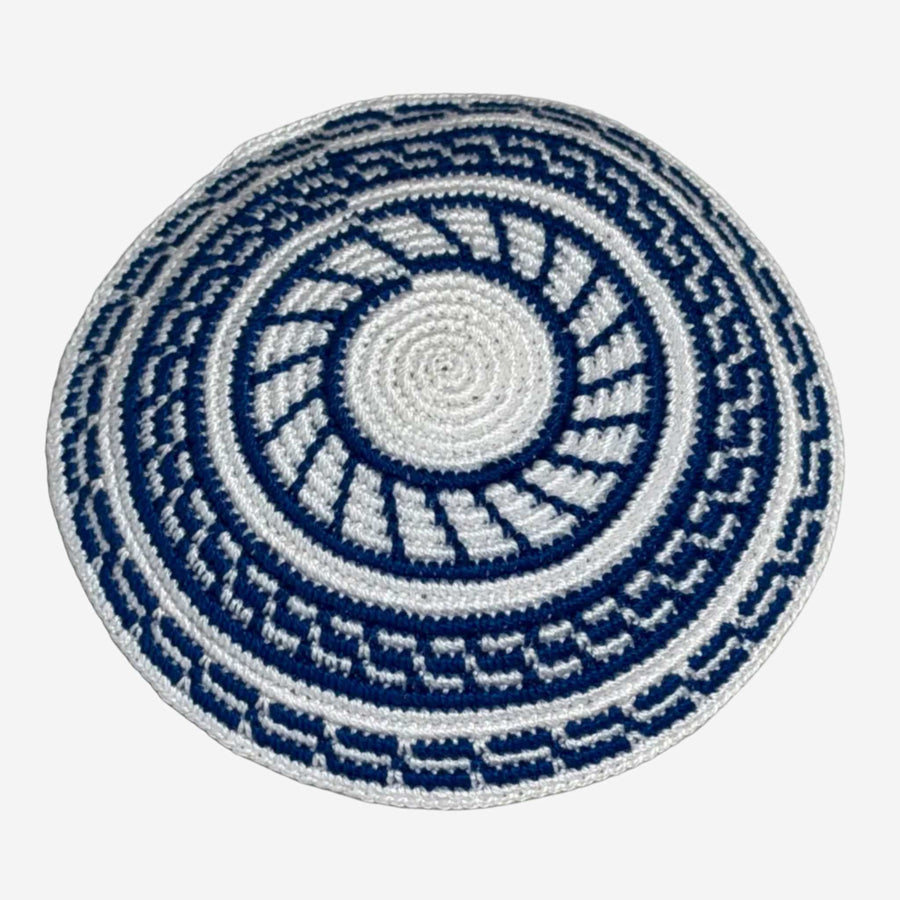 Handmade 12 cm neutral-colored yarmulke with intricate embroidery from Jerusalem, blending tradition and modern craftsmanship