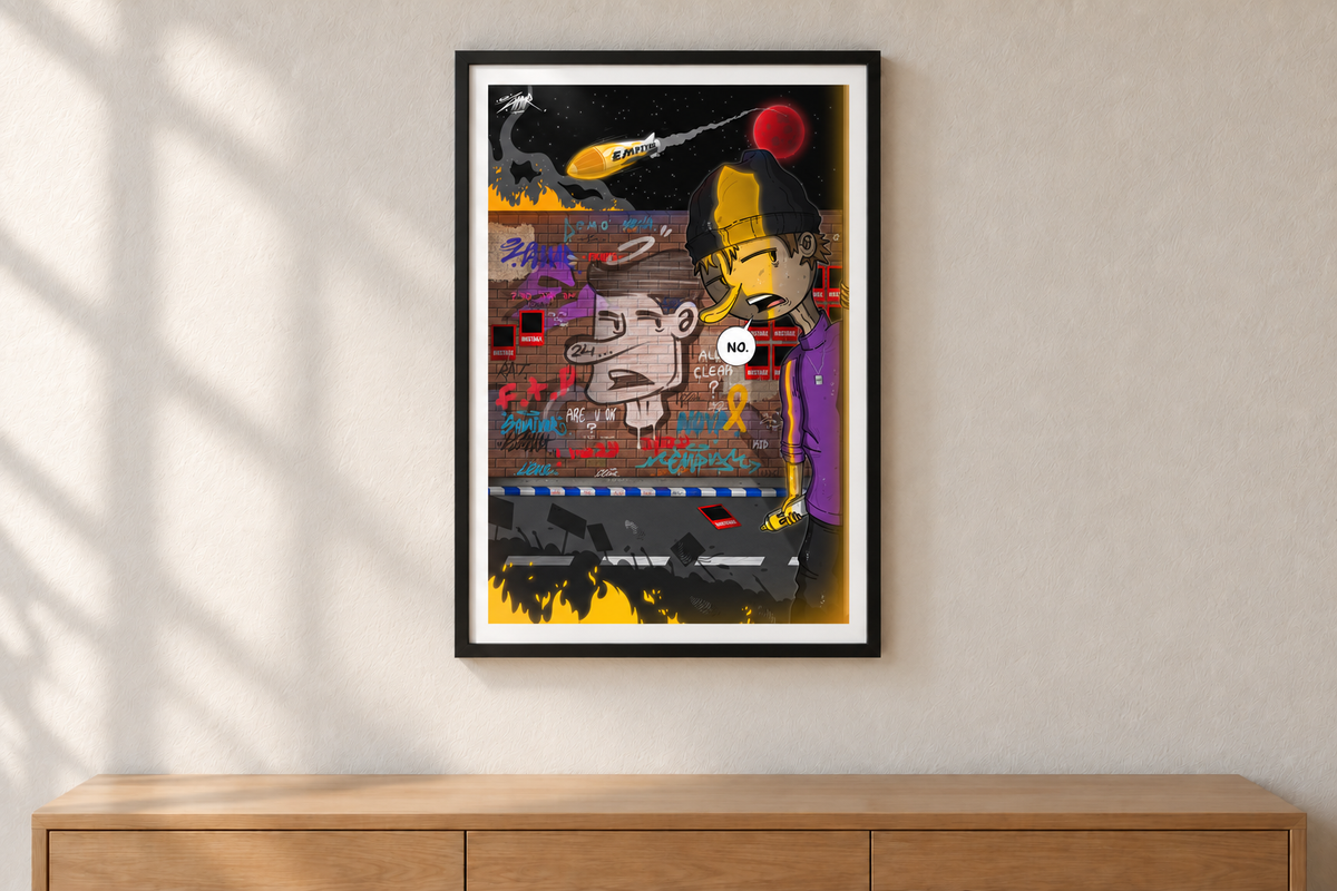Framed print titled A City Without Graffiti featuring a stylized figure with a beanie and cigarette beside a graffiti-covered brick wall and a rocket in the sky.