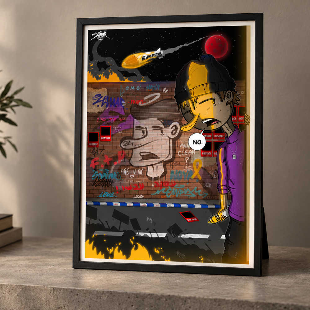 Framed print titled A City Without Graffiti featuring a purple-jacketed cartoon figure and colorful graffiti on a brick wall with a rocket overhead.