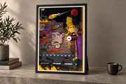 Framed print titled A City Without Graffiti featuring a purple-jacketed cartoon figure and colorful graffiti on a brick wall with a rocket overhead.