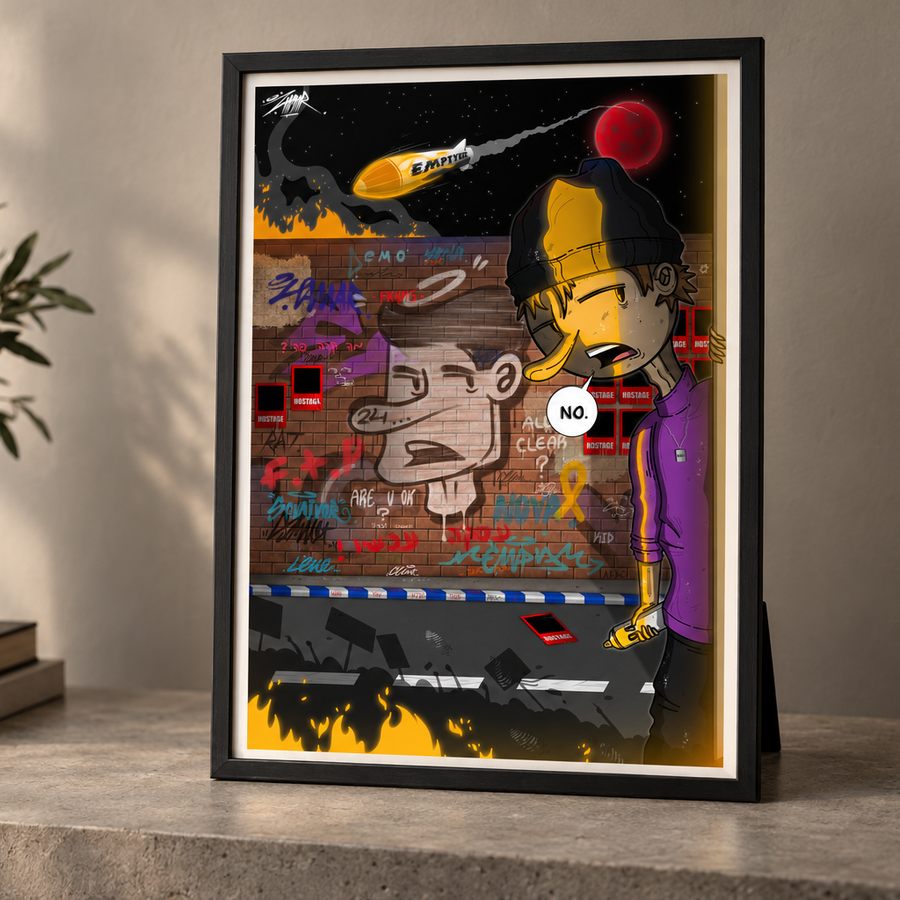 Framed print titled A City Without Graffiti featuring a purple-jacketed cartoon figure and colorful graffiti on a brick wall with a rocket overhead.