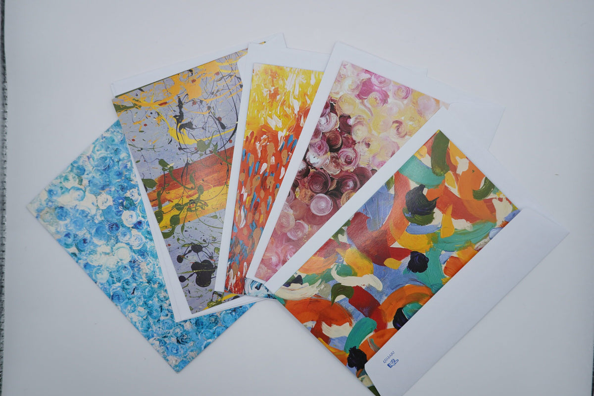ADI All-Purpose Greeting Cards, five paper cards with colorful abstract and nature-inspired artwork in assorted patterns
