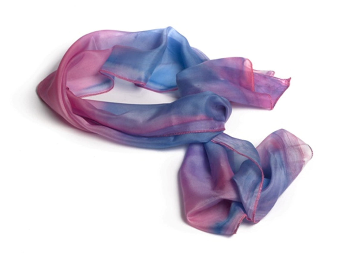 ADI Silk Scarf in sheer silk with flowing pink, purple and blue ombré coloring and soft, translucent folds.