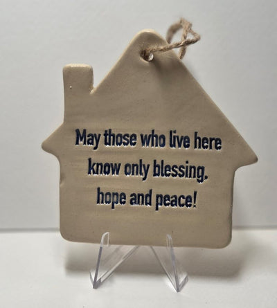 ADI Birkat Habayit House Ornament, beige ceramic house with black English blessing text and a twine hanging loop.