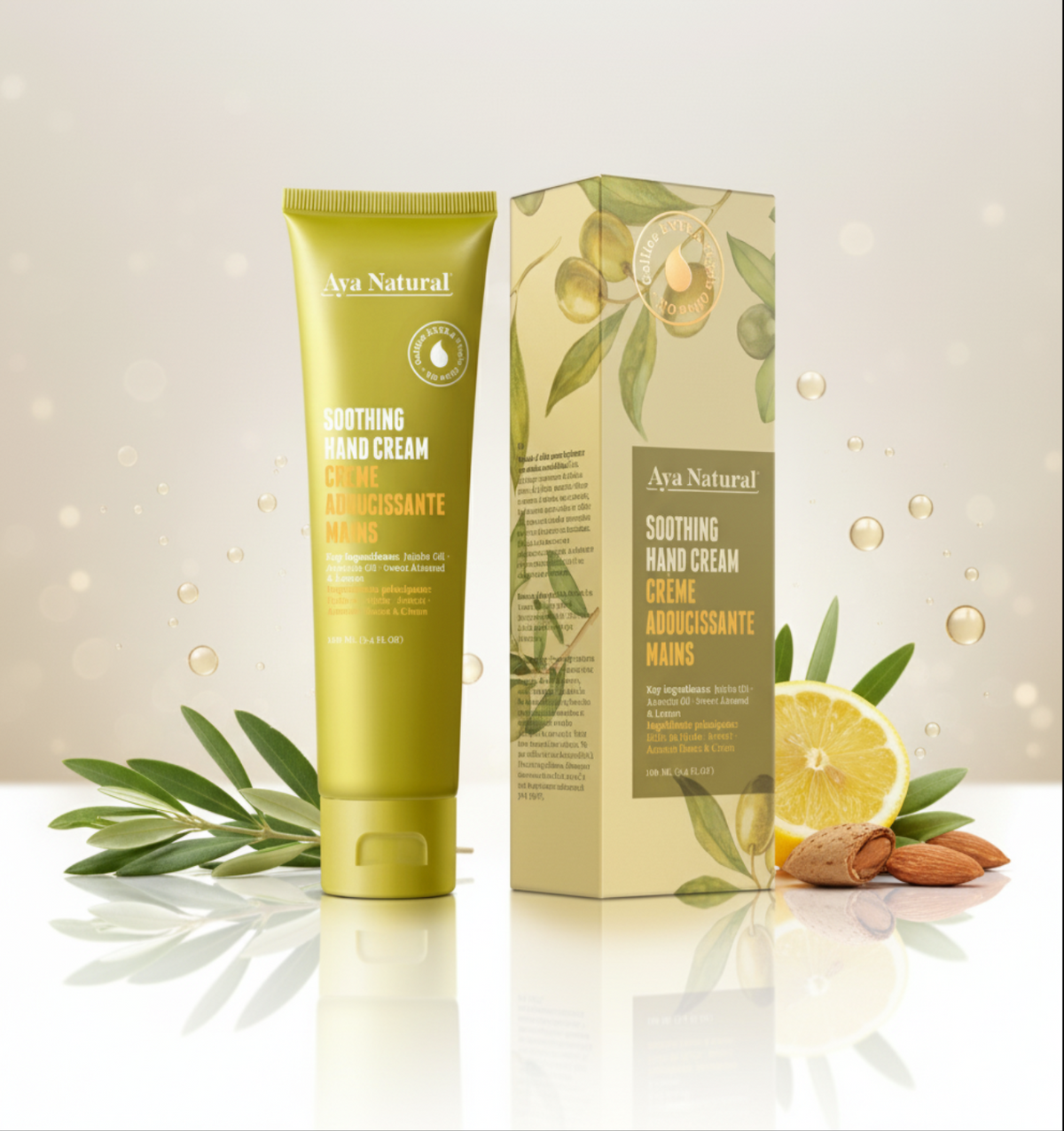 Hand cream tube and box in yellow-green, with botanical leaf and citrus graphics, featuring a flip-top cap; Aya Natural Rich Natural.