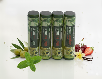 Aya Natural Lip Care balm tubes in green botanical-patterned packaging, with mint, olive, strawberry, cherry and vanilla varieties.