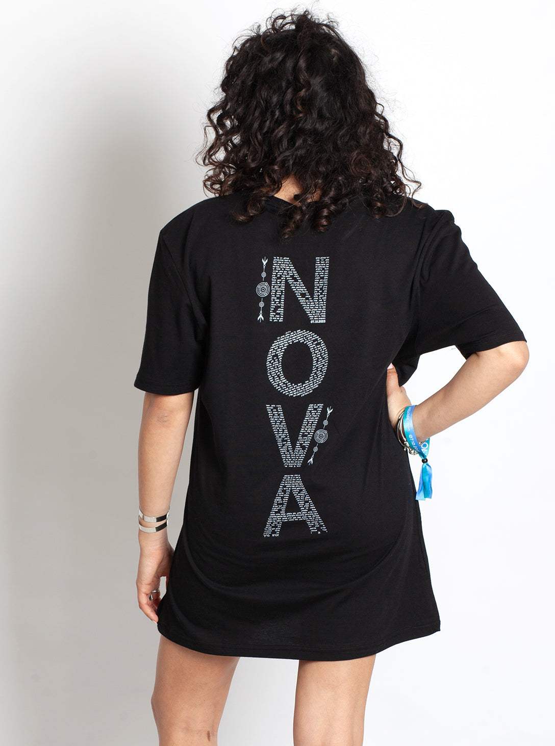 Nova Names T-Shirt in black cotton, with short sleeves and vertical “NOVA” lettering filled with small names.