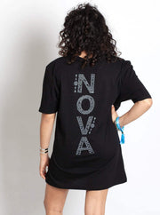 Nova Names T-Shirt in black cotton, with short sleeves and vertical “NOVA” lettering filled with small names.