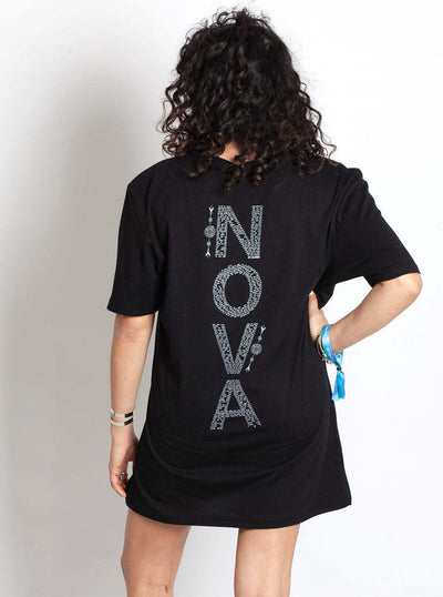 Nova Names T-Shirt in black cotton, with short sleeves and vertical “NOVA” lettering filled with small names.