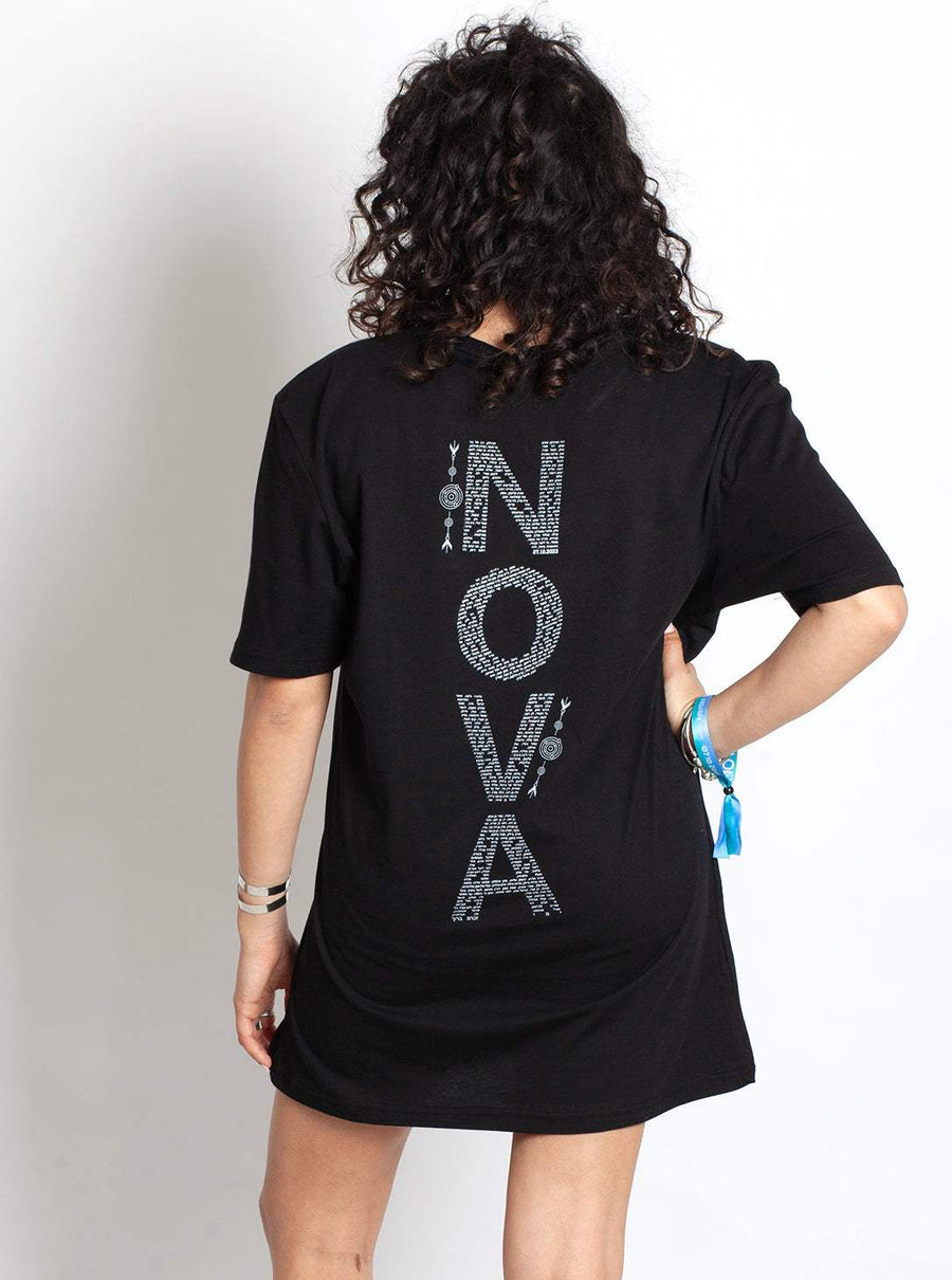 Nova Names T-Shirt in black cotton, with short sleeves and vertical “NOVA” lettering filled with small names.