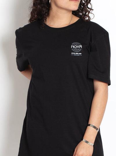 Nova Names T-Shirt in black cotton, featuring a small white Nova logo and text on the chest with short sleeves.