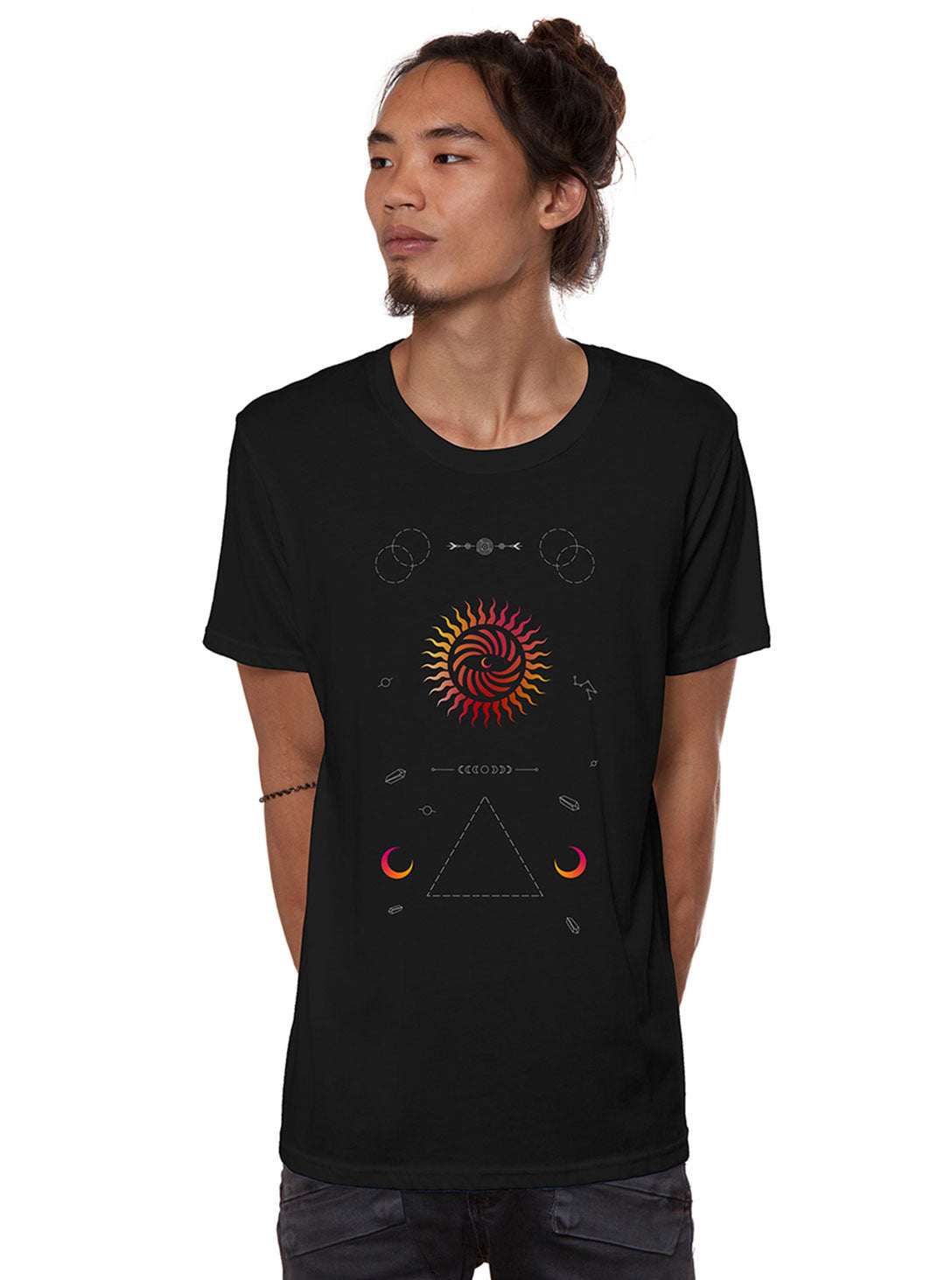 Nova Rising Sun T-Shirt in black, featuring a colorful swirling sun motif and small geometric symbols on the front.